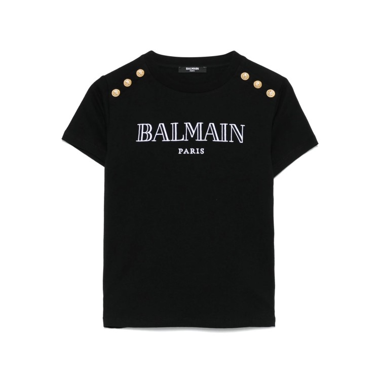 BALMAIN T-shirt nera con logo ricamato e bottoni dorati bambina