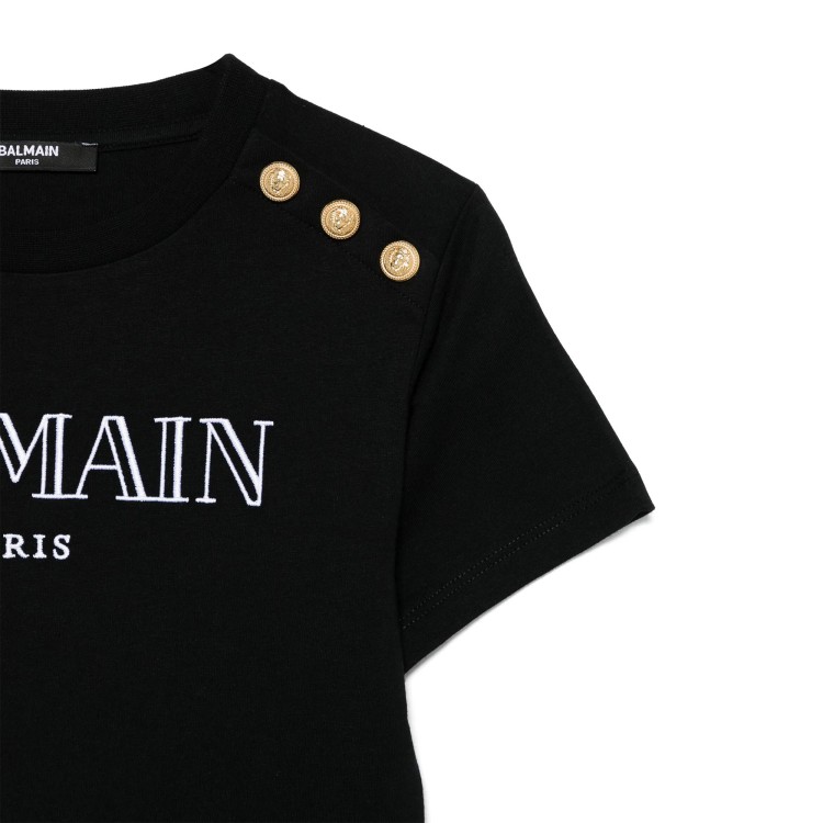 BALMAIN T-shirt nera con logo ricamato e bottoni dorati bambina