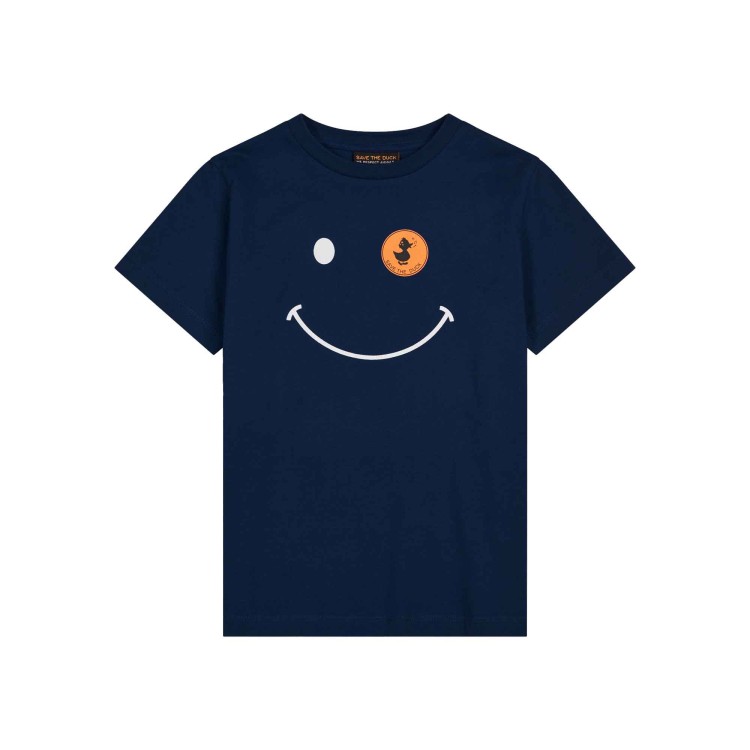 SAVE THE DUCK T-shirt blu navy con logo frontale e stampa bambini