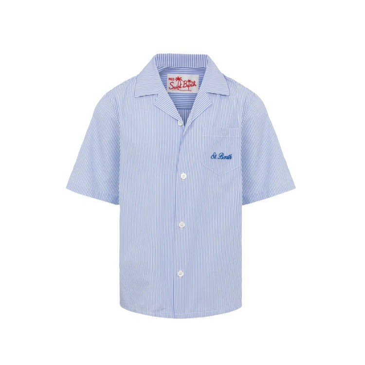 SAINT BARTH Camicia in lino a righe con ricamo colorato bambino