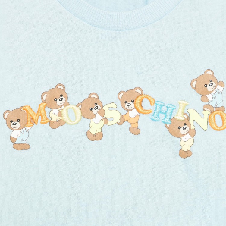 MOSCHINO T-shirt celeste con stampa Teddy logo neonati