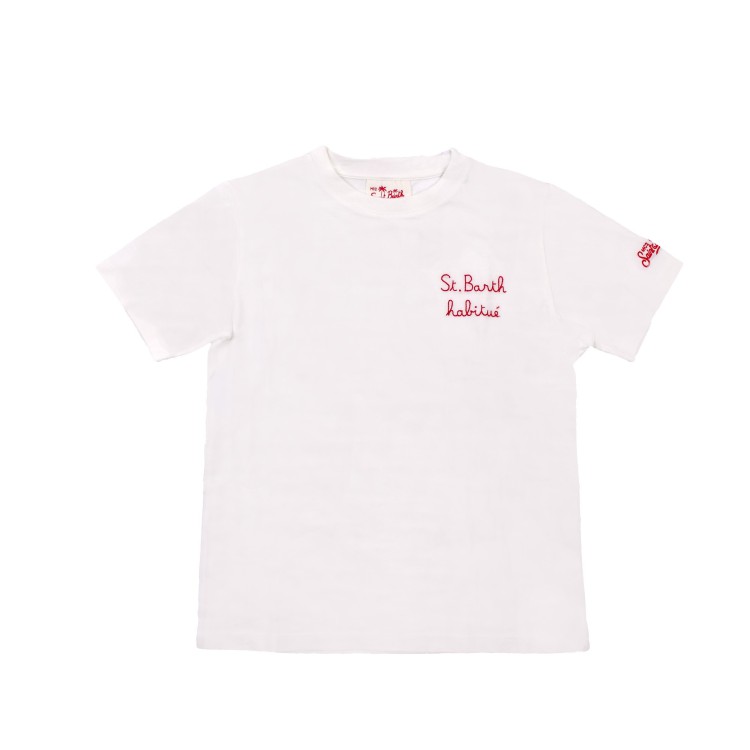 SAINT BARTH T-shirt bianca con scritta ricamata bambini