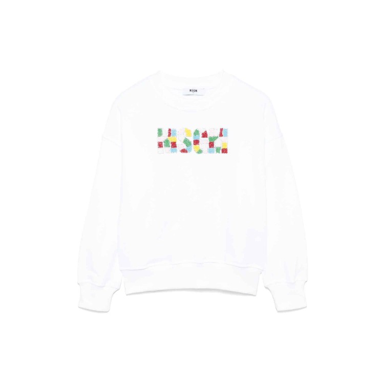 MSGM Felpa bianca girocollo con logo in perline bambina