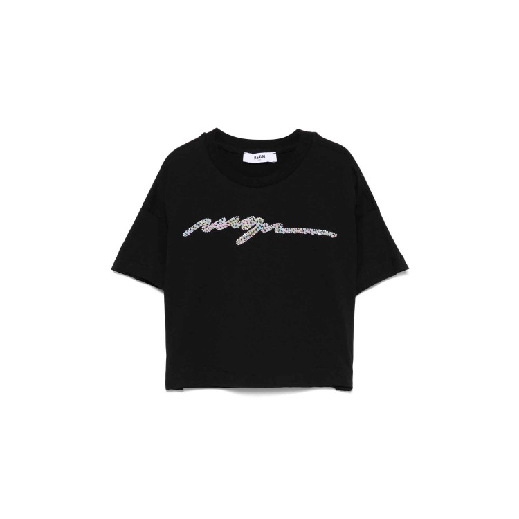 MSGM T-shirt nera cropped con logo in perline bambina