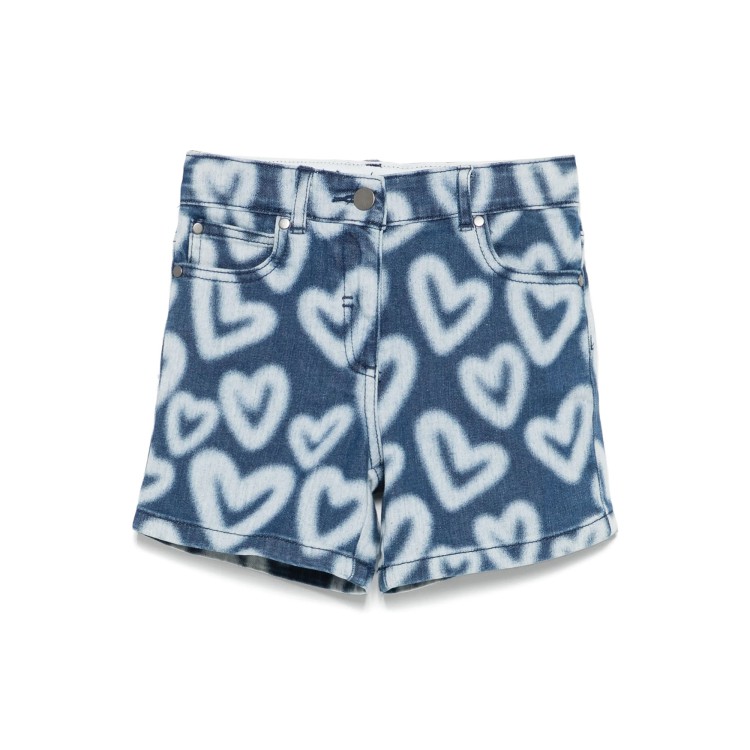 STELLA McCARTNEY Shorts in denim bicolore con motivo a cuori bambina