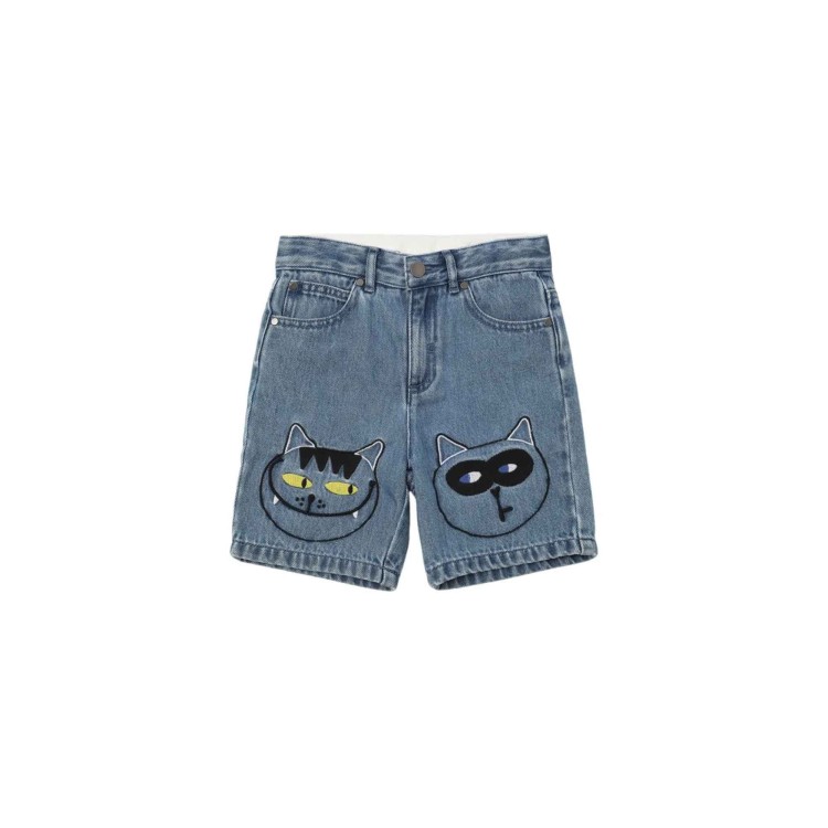 STELLA McCARTNEY Shorts in denim con ricamo gatti bambino