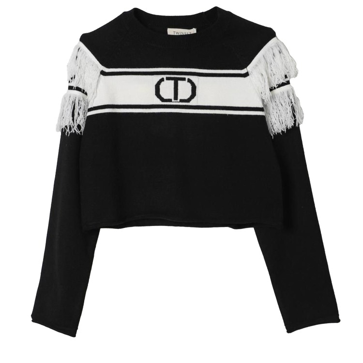 TWIN-SET Maglione nero con logo e frange bambina