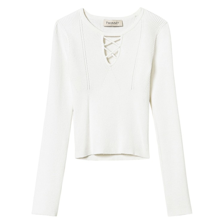TWIN-SET Maglione bianco a coste cut-out bambina