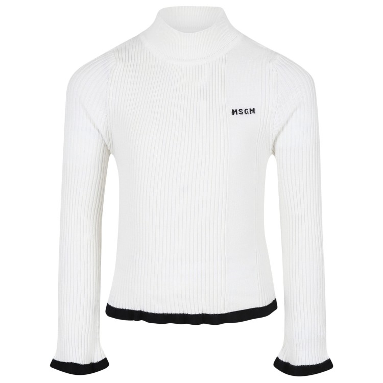 MSGM Maglione bianco a coste e collo alto bambina