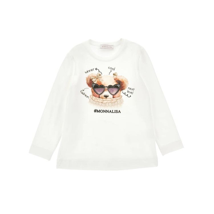 MONNALISA T-shirt bianca a maniche lunghe orsetto bambina