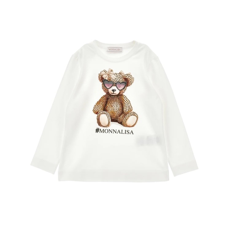 MONNALISA T-shirt bianca a maniche lunghe orsetto bambina
