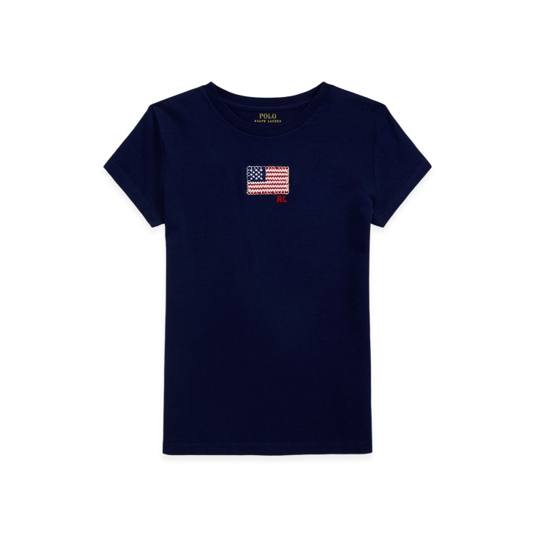 RALPH LAUREN T-shirt navy con bandiera ricamata bambini