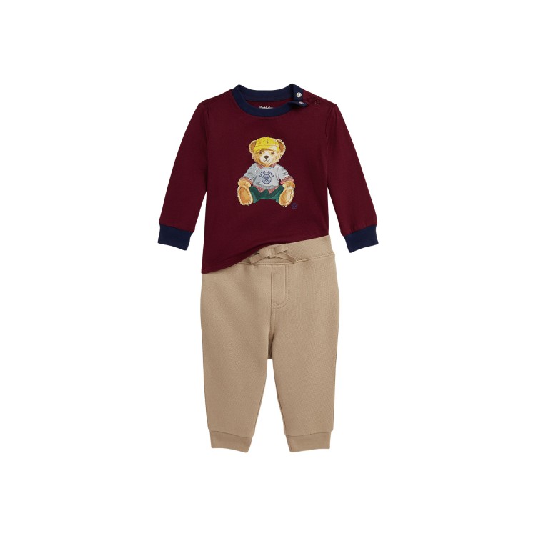 RALPH LAUREN Set T-shirt e pantalone bordeaux Bear neonato