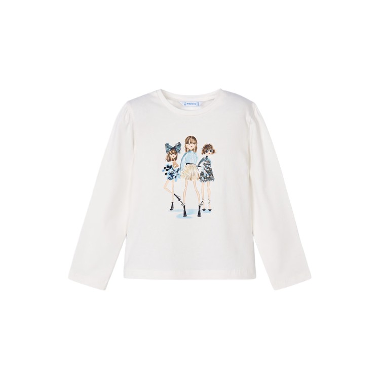 MAYORAL T-shirt bianca maniche lunghe con stampa bambina
