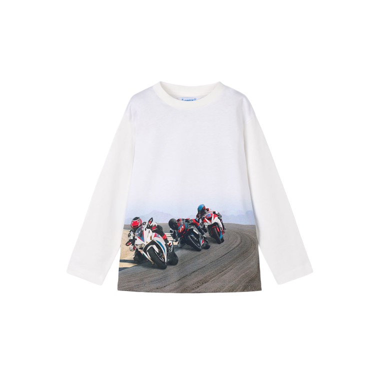 MAYORAL T-shirt bianca a maniche lunghe moto bambino