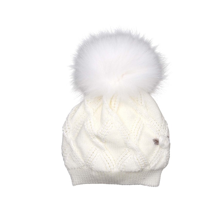 MARLU' Cappellino bianco con fiori e pom pom neonata