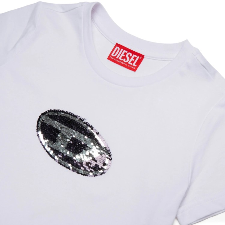 DIESEL T-shirt bianca con logo paillettes bambina