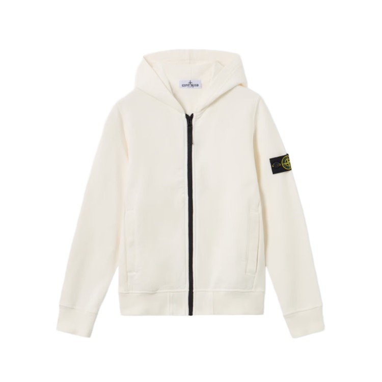 STONE ISLAND Felpa bianca full-zip con cappuccio bambini