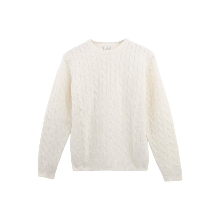 SAINT BARTH Maglione bianco in lana a trecce bambina