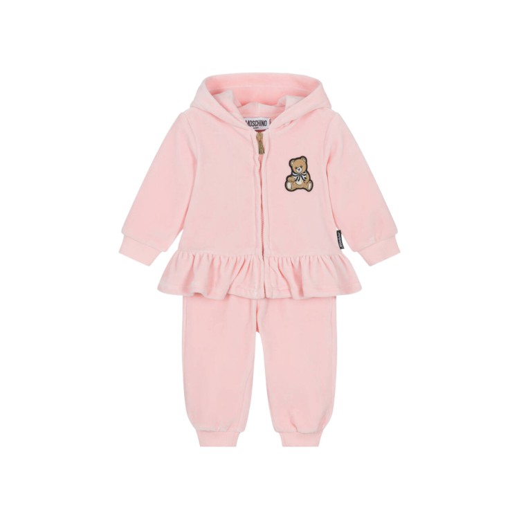 MOSCHINO Felpa e pantaloni rosa cipria in velluto neonata
