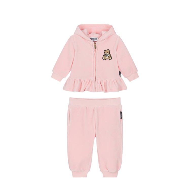 MOSCHINO Felpa e pantaloni rosa cipria in velluto neonata
