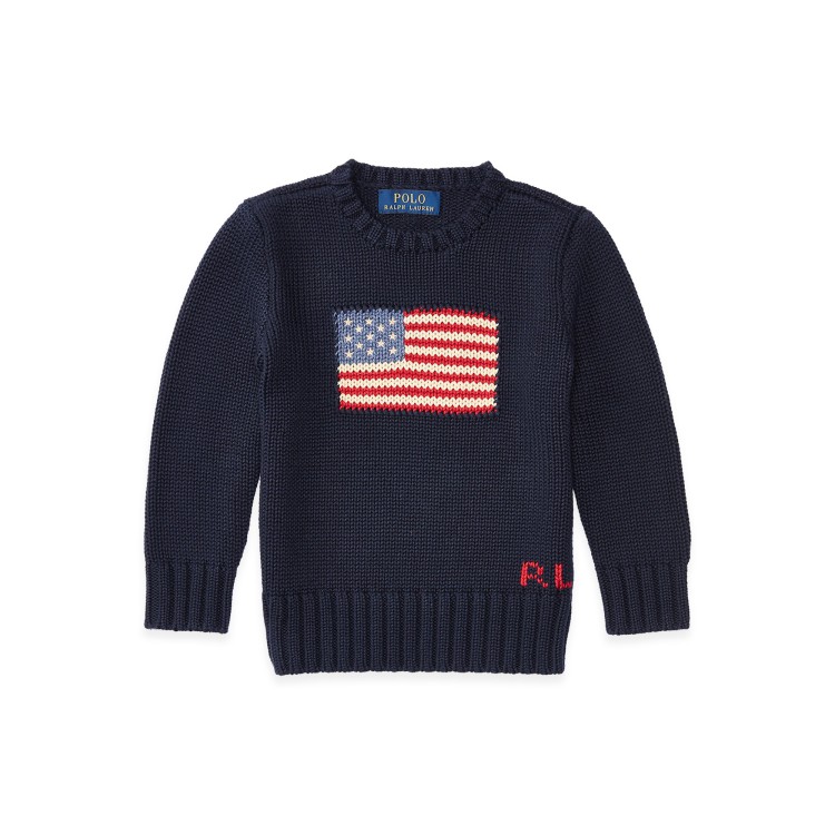 RALPH LAUREN Maglia navy in cotone con bandiera bambini