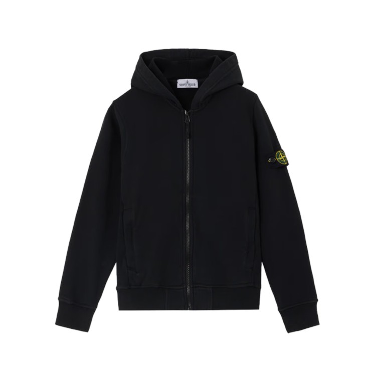 STONE ISLAND Felpa nera full-zip con cappuccio bambini