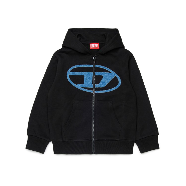 DIESEL Felpa nera full-zip logo denim bambini
