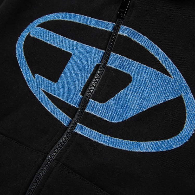 DIESEL Felpa nera full-zip logo denim bambini