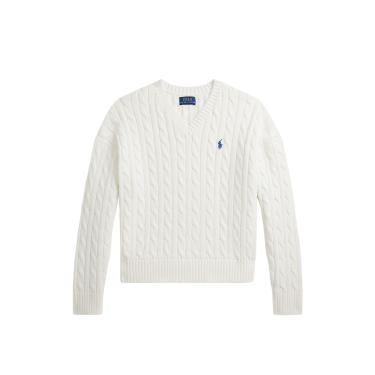 RALPH LAUREN Maglia bianca a trecce con scollo a V bambina