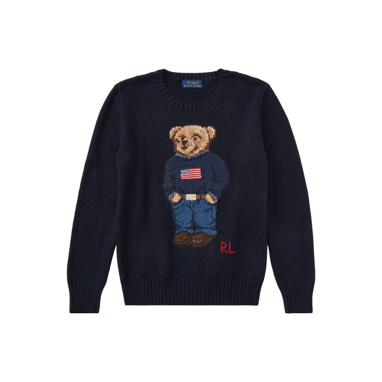 RALPH LAUREN Maglia blu navy in cotone Polo Bear bambini
