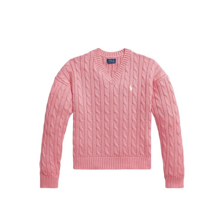 RALPH LAUREN Maglia rosa a trecce con scollo a V bambina