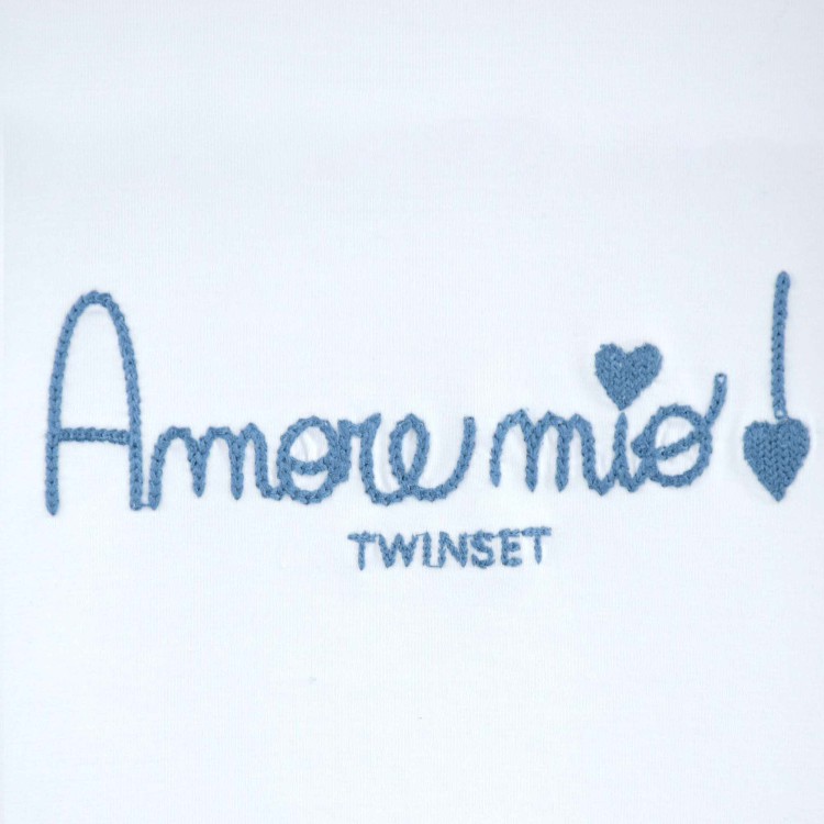 TWIN-SET T-shirt bianca con ricamo azzurro bambina