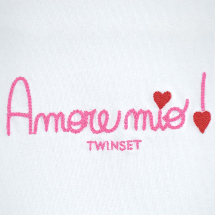 TWIN-SET T-shirt bianca con ricamo fucsia bambina