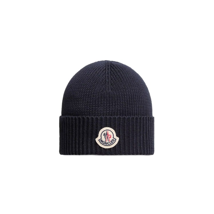 MONCLER Berretto blu navy in lana patch logo neonati