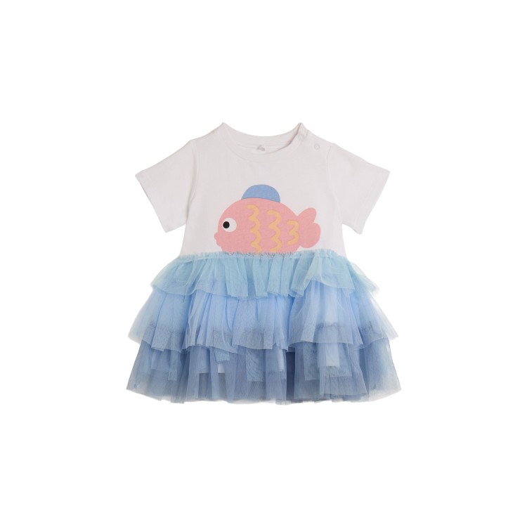 STELLA McCARTNEY Abito bianco e azzurro volant neonata