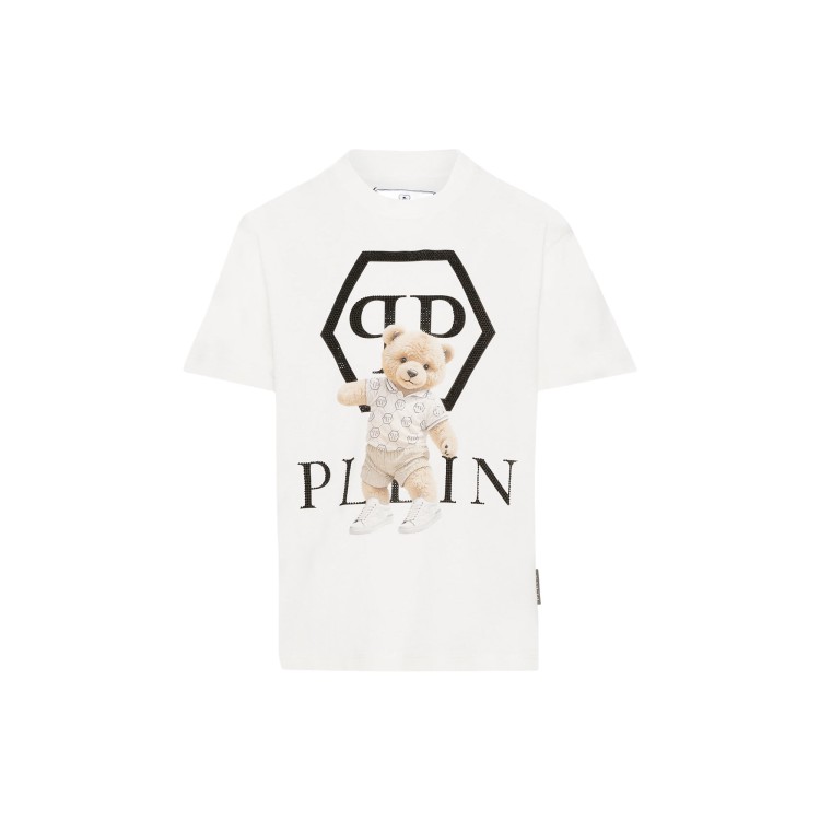 PHILIPP PLEIN T-shirt bianca con orsetto e logo strass bambina