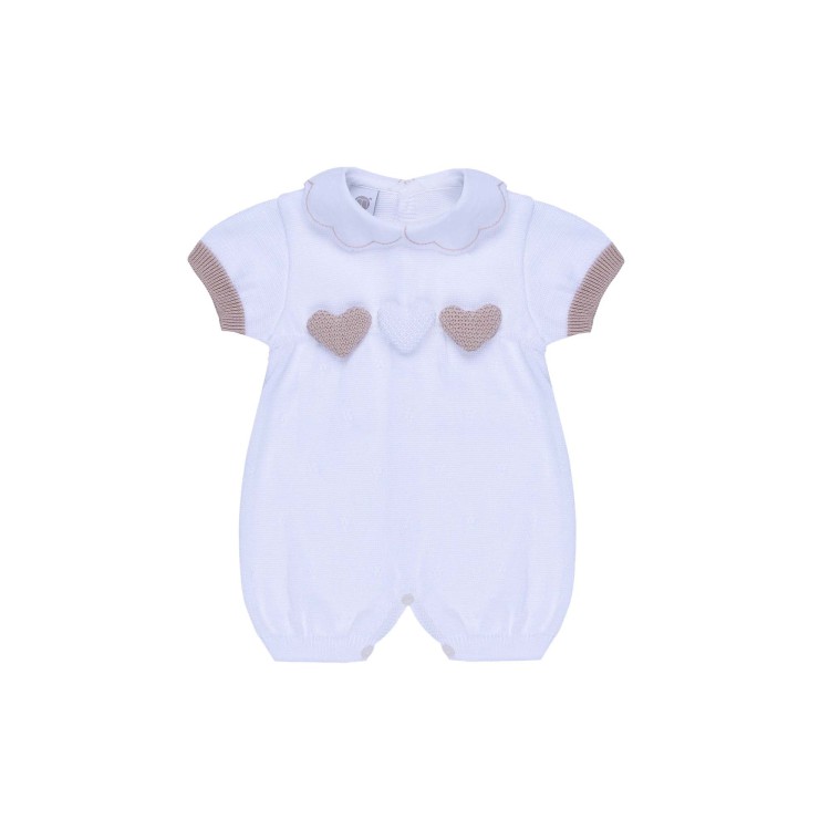 MARLU' Tutina corta bianca con ricami sabbia neonata