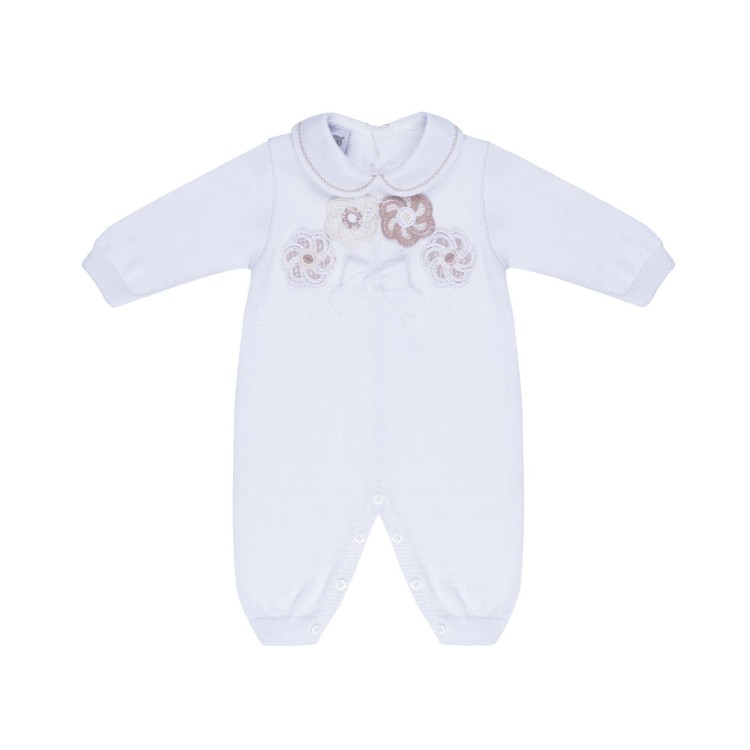 MARLU' Tutina bianca con ricami sabbia neonata