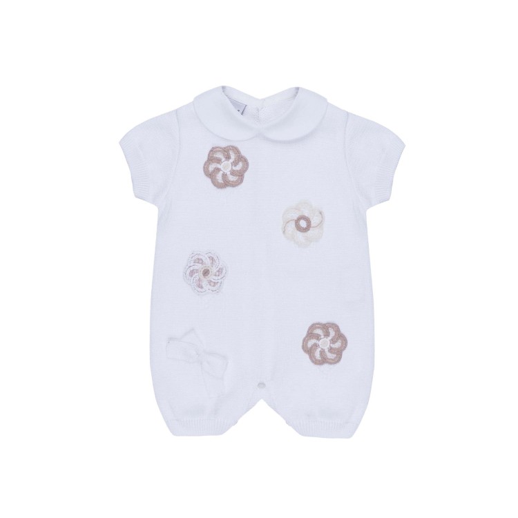 MARLU' Tutina corta bianca con ricami sabbia neonata