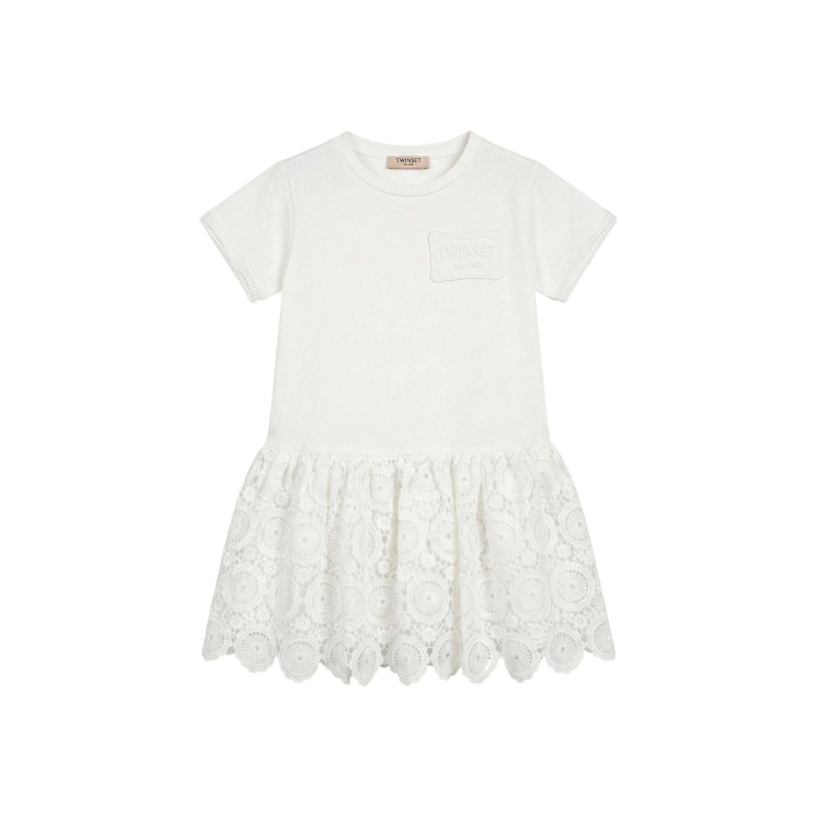 TWIN-SET Abito bianco con gonna macramè bambina