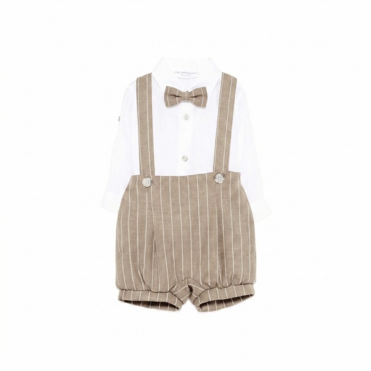 COLORI CHIARI Completo tre pezzi beige a righe neonato