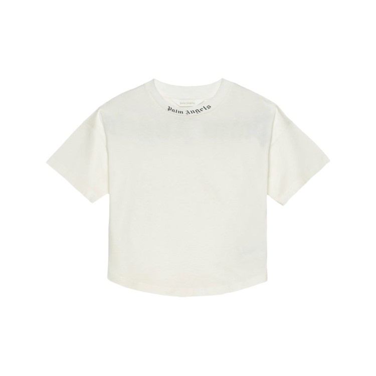 PALM ANGELS T-shirt panna con logo sul collo bambino