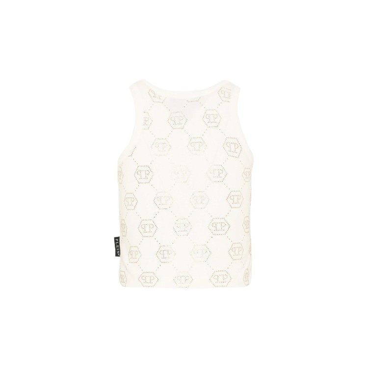 PHILIPP PLEIN Top bianco logo strass all-over bambina