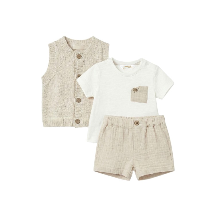 MAYORAL NEWBORN Completo 3 pezzi sabbia con gilet neonato