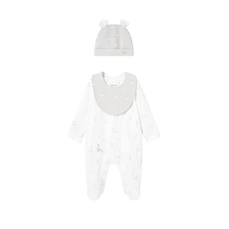 MAYORAL NEWBORN Set di tutina bianca, cappello e bavetta neonato