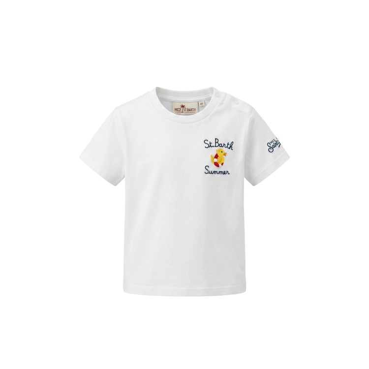 SAINT BARTH T-shirt bianca con ricamo paperella bambino