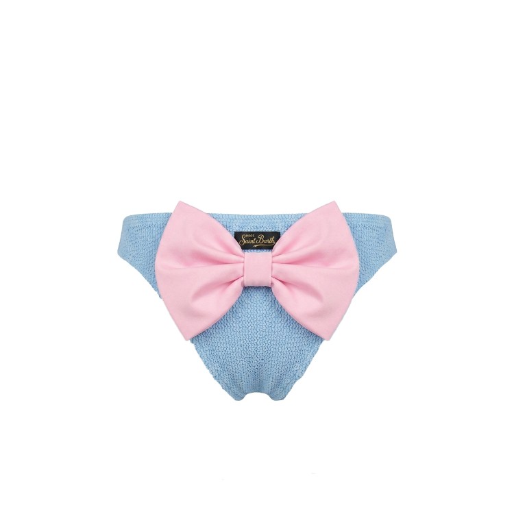 SAINT BARTH Slip celeste crinkle con fiocco rosa bambina