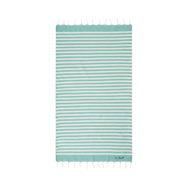 SAINT BARTH Telo mare a righe verde acqua bambini