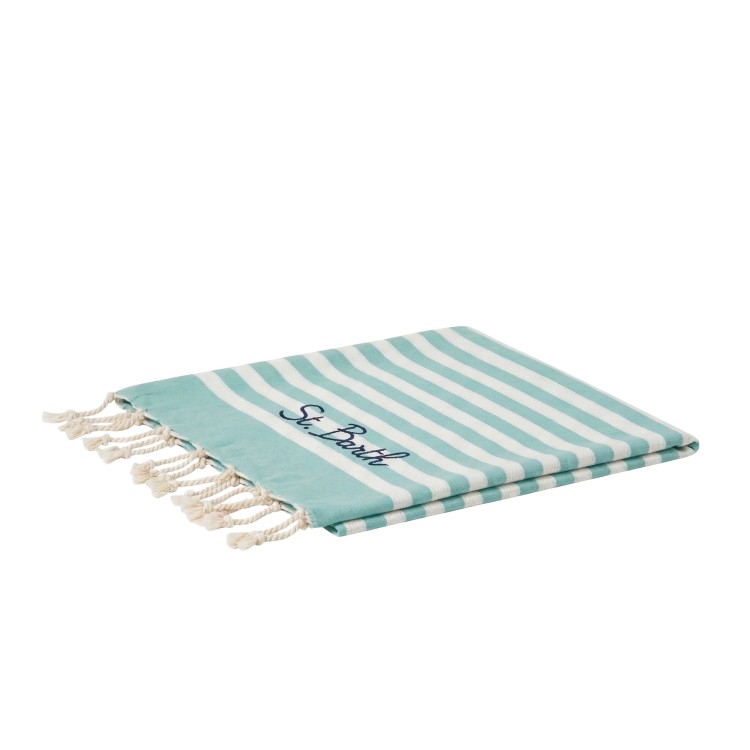 SAINT BARTH Telo mare a righe verde acqua bambini